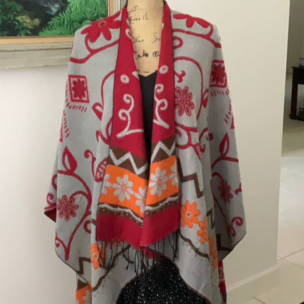 Vibrant Red and Orange Fringed Wrap